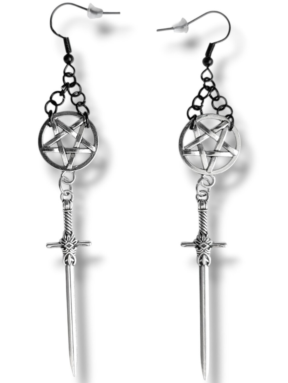 NWT Handmade Silver Sword Inverted Pentagram and Black Chain Earrings